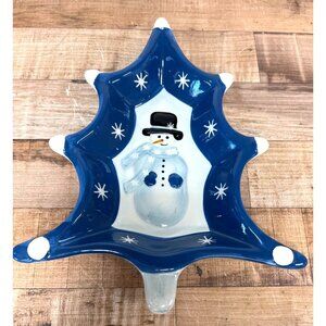 Hand Painted Ceramic Snowman Winter Decor Dish Blue White Tree  Shape